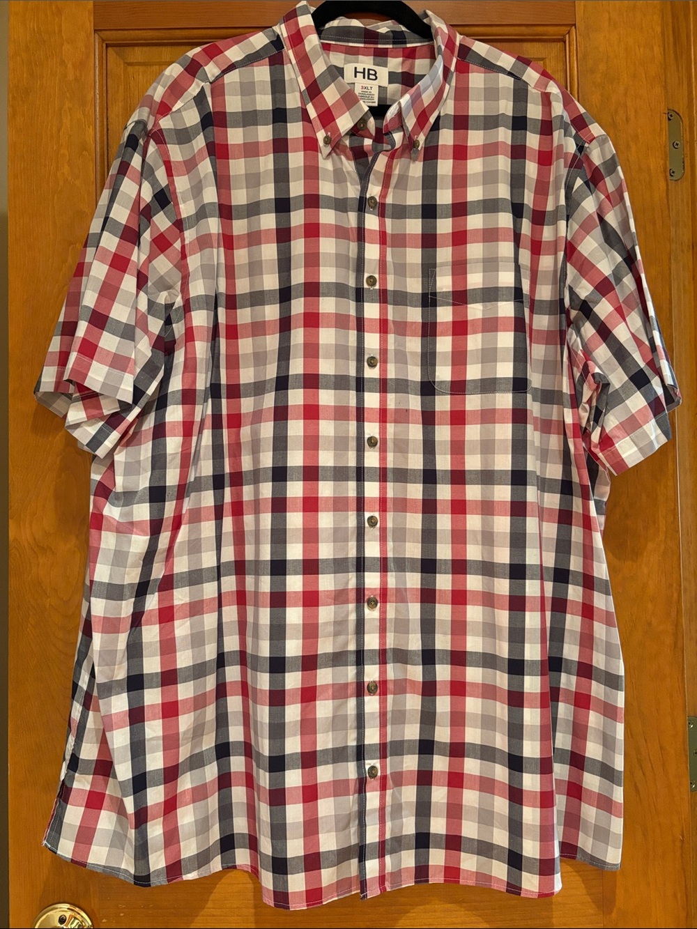 HB Men’s Short-Sleeve Plaid Button-Down Shirt - Red, Navy & White